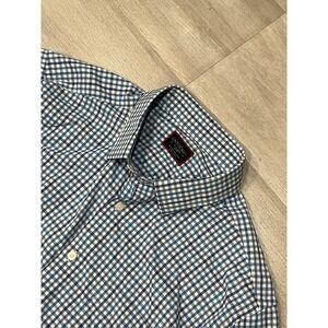 Men's UnTuckit Nylon Spandex Blue Checkered Slim Button Up Shirt Long Sleeve XL